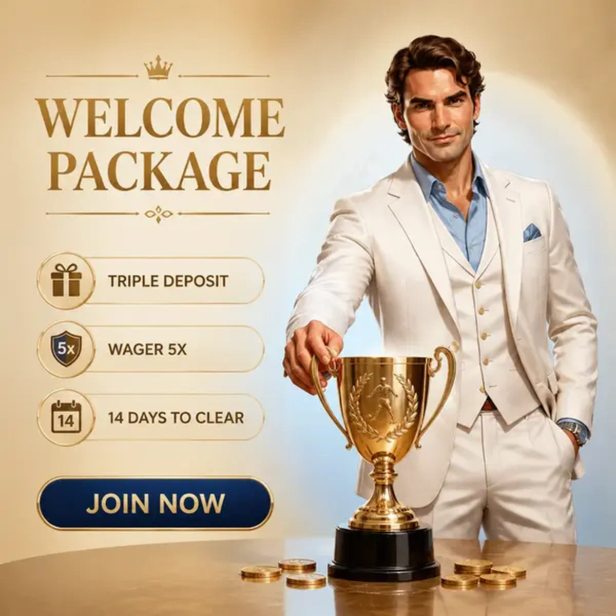 Gentleman élégant plaçant un trophée doré au salon de paris sportifs Billionairespin