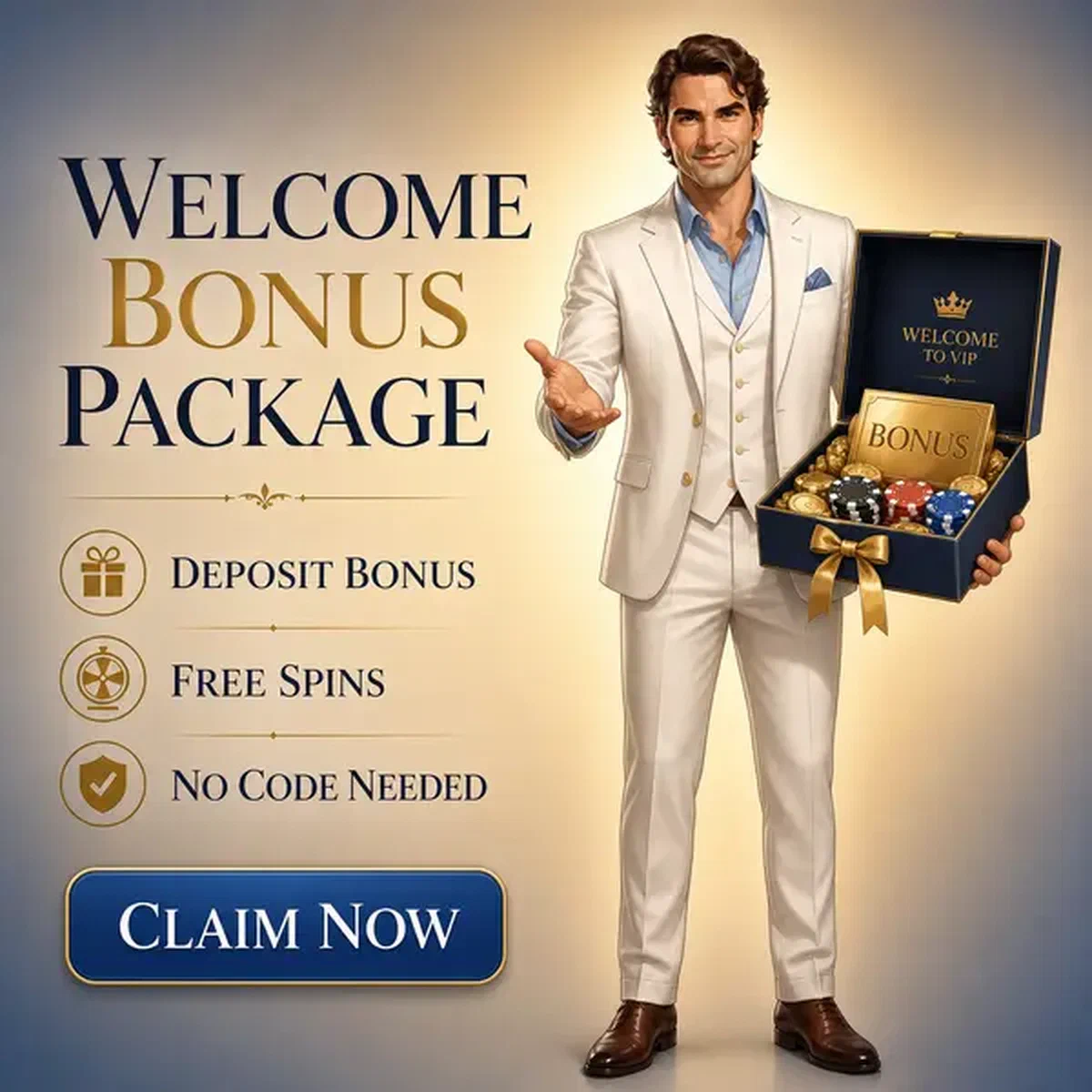 Gentleman athlétique présentant le pack bonus de bienvenue au Casino Billionairespin