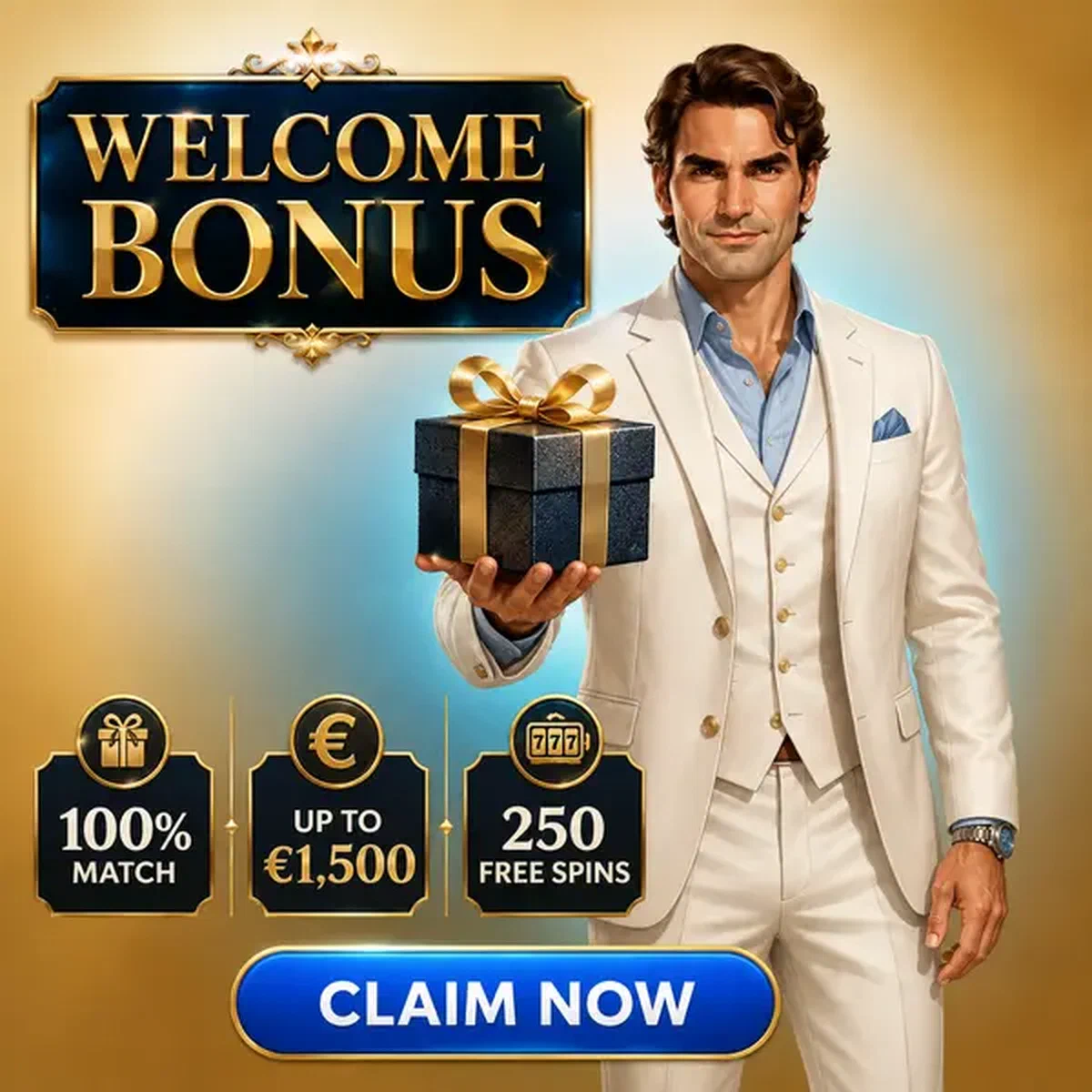 Gentleman élégant présentant un cadeau de bonus de bienvenue au portail de connexion Billionairespin Casino