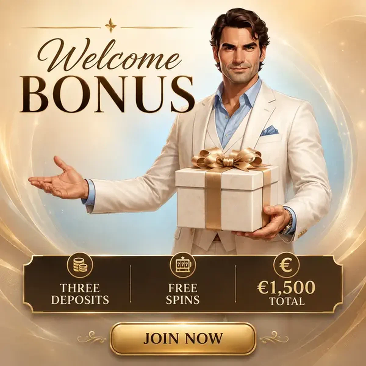 Gentleman élégant présentant un cadeau de bonus de bienvenue aux tables de casino en direct Billionairespin