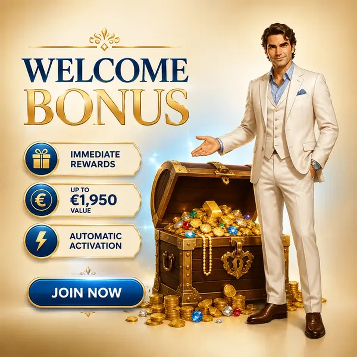 Gentleman élégant s'inscrivant au pack de bonus de bienvenue et récompenses immédiates avec coffre au trésor de pièces d'or