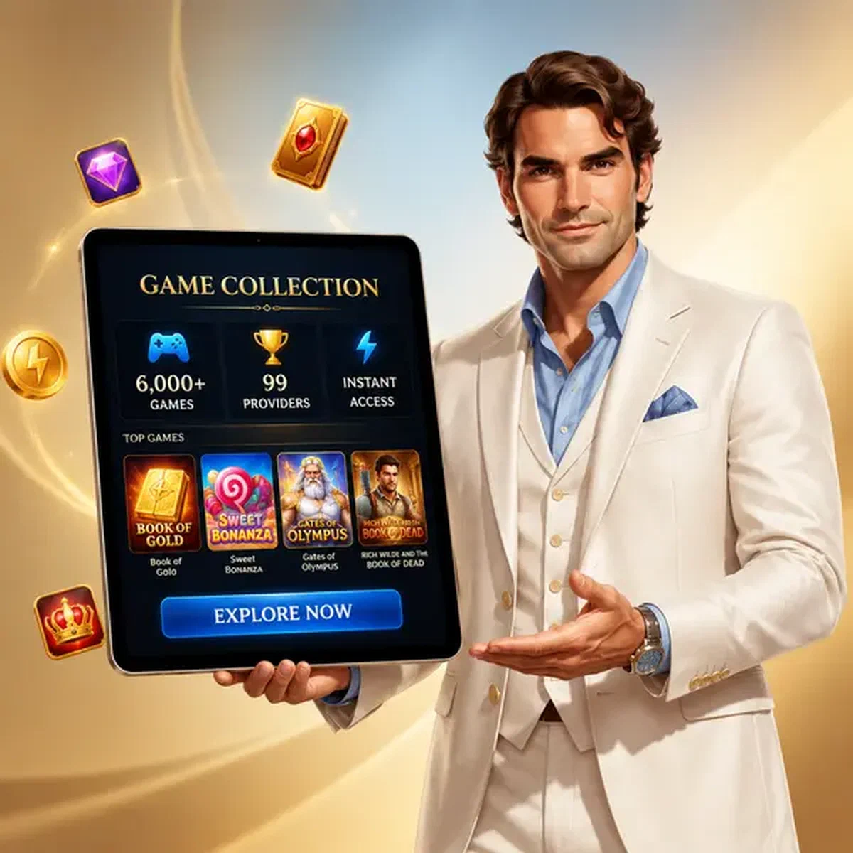 Gentleman élégant présentant plus de 6 000 jeux sur l'interface de l'application mobile Billionairespin