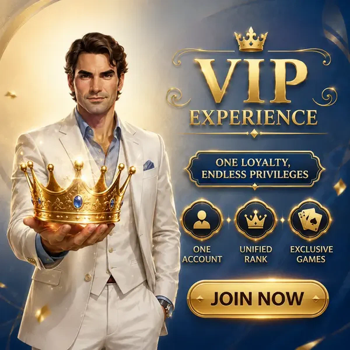 Joueur VIP athlétique présentant une couronne dorée dans le lobby principal de Billionairespin