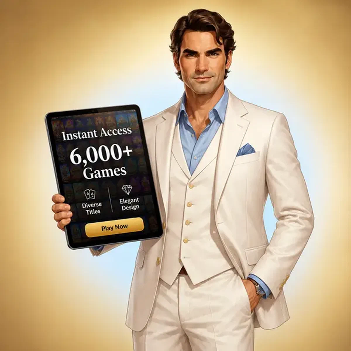 Le Gentleman de la Cour tenant une tablette affichant 6 000+ jeux pour accès instantané et inscription