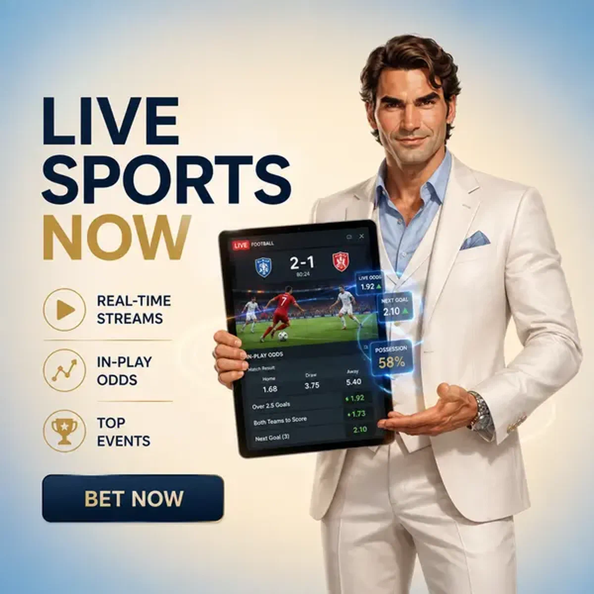 Gentleman athlétique présentant une tablette de paris sportifs en direct sur un court de club poli
