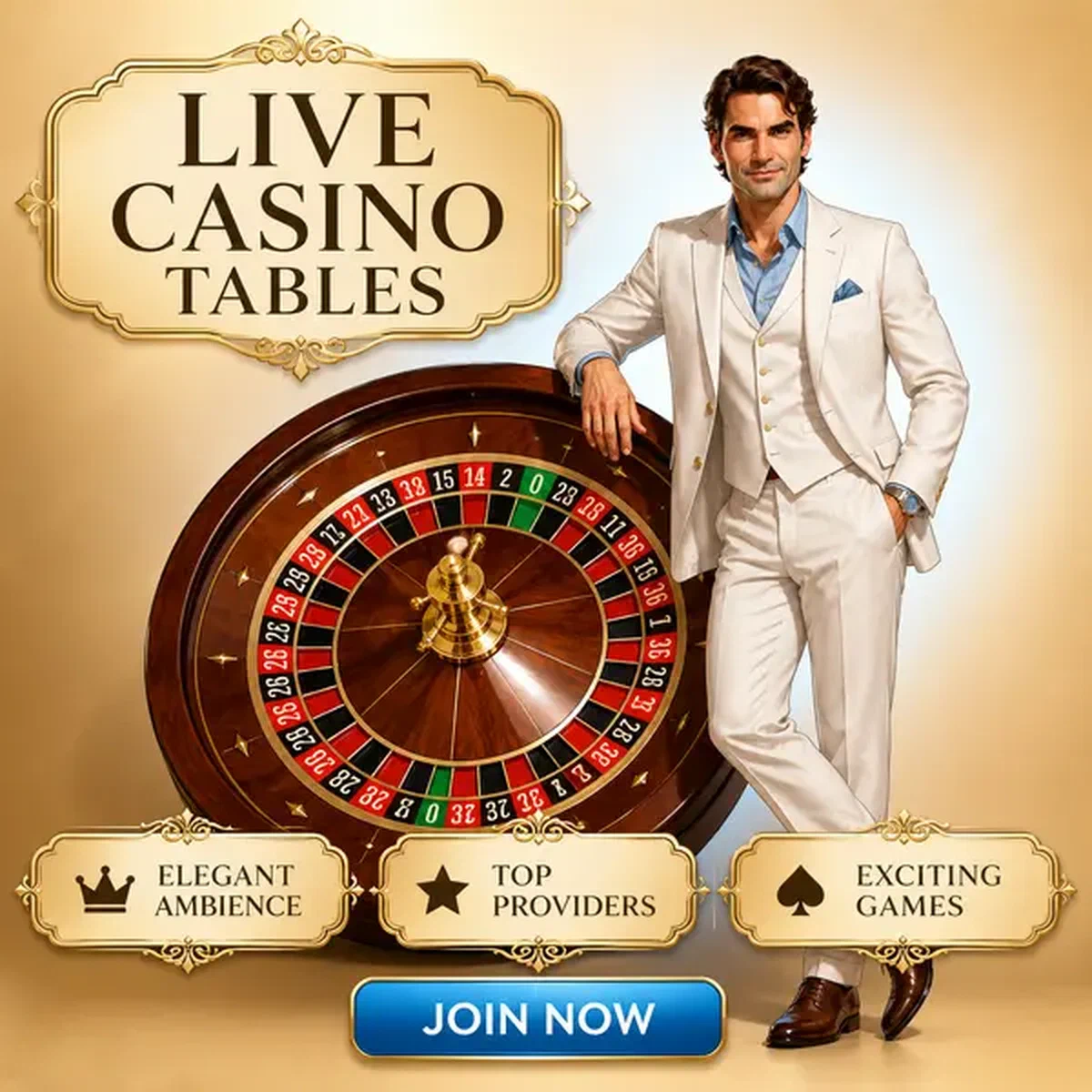 Croupier gentleman s'appuyant avec confiance sur une roue de roulette aux tables de casino en direct Billionairespin