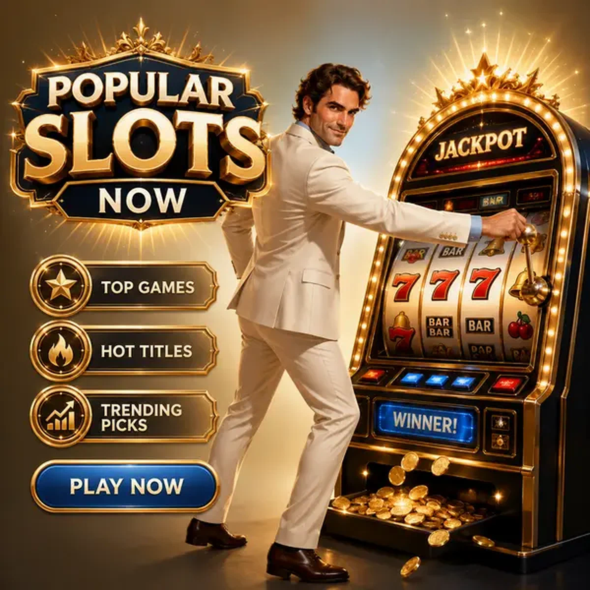 Gentleman tirant le levier sur Machines à sous populaires jouées en ce moment alors que les rouleaux tournent follement