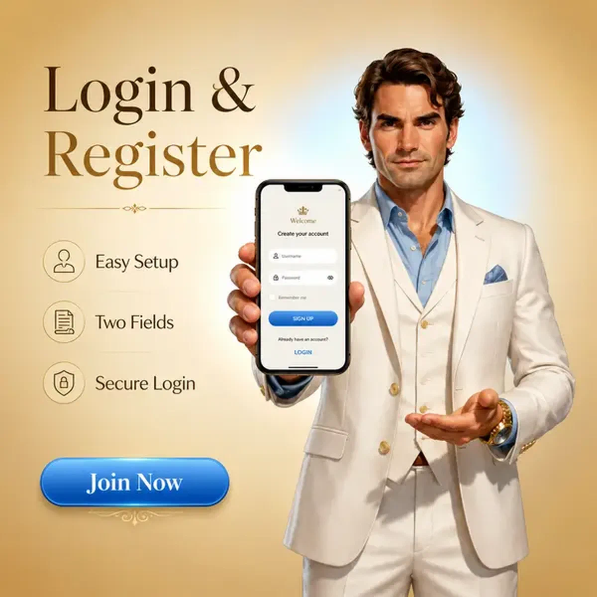 Gentleman bien habillé présentant un smartphone alors qu'un joueur s'inscrit sur le portail Billionairespin