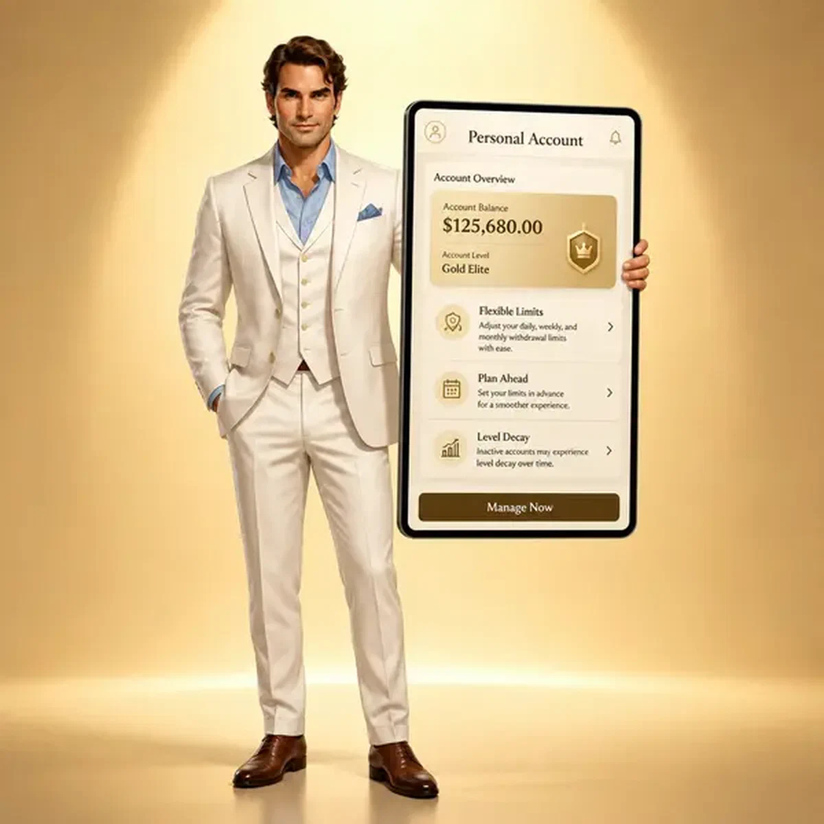 Gentleman en costume crème affichant le tableau de bord du compte personnel sur tablette chez Billionairespin