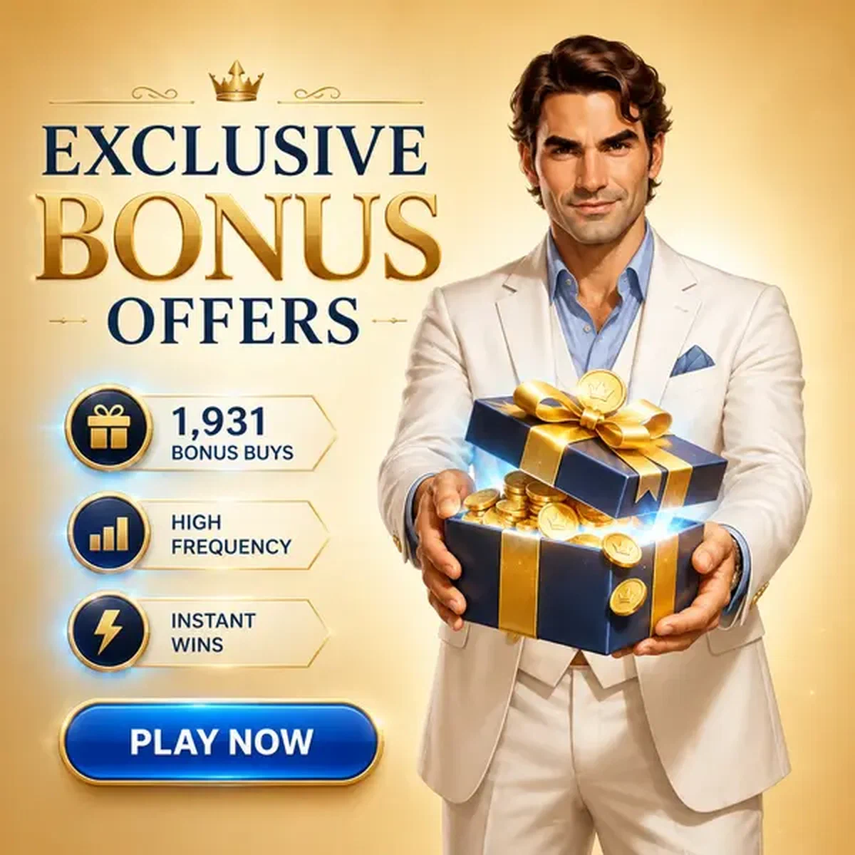 Gentleman élégant présentant des offres de bonus chez Billionairespin Casino avec coffret cadeau premium